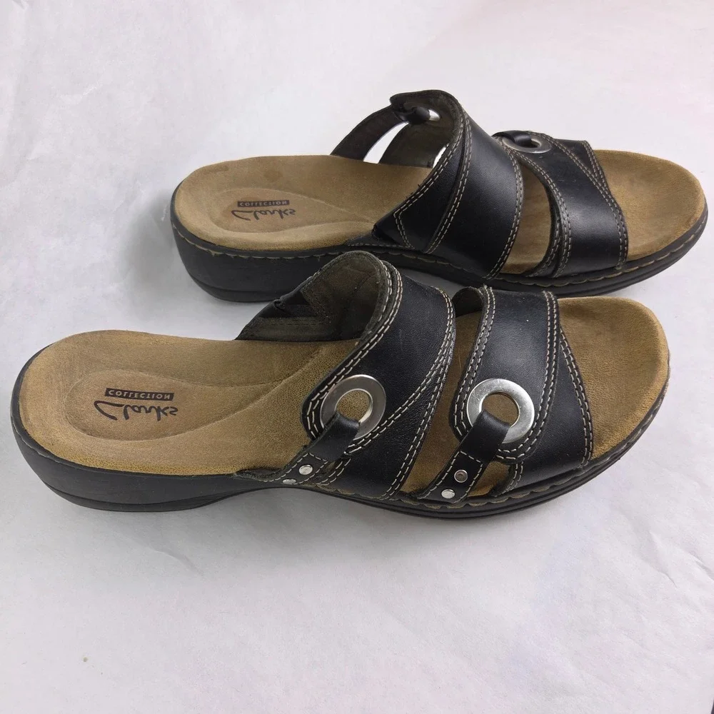 Clarks Collection Lexi Willow Black Slide Slip On Summer Sandals Wedge Casual